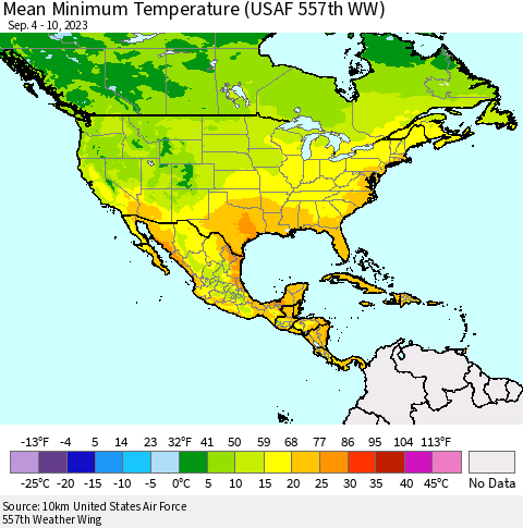North America Mean Minimum Temperature (USAF 557th WW) Thematic Map For 9/4/2023 - 9/10/2023