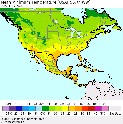 North America Mean Minimum Temperature (USAF 557th WW) Thematic Map For 9/11/2023 - 9/17/2023