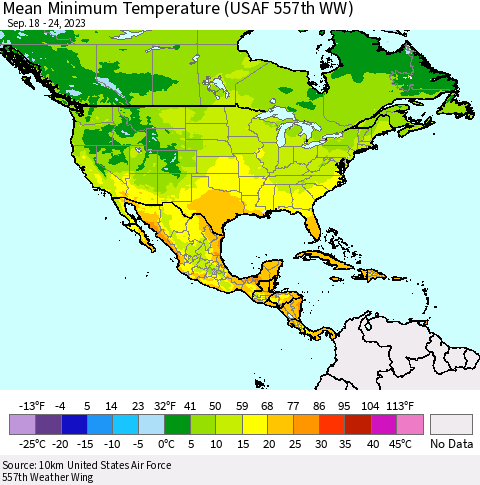North America Mean Minimum Temperature (USAF 557th WW) Thematic Map For 9/18/2023 - 9/24/2023