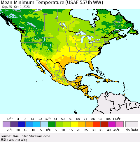 North America Mean Minimum Temperature (USAF 557th WW) Thematic Map For 9/25/2023 - 10/1/2023