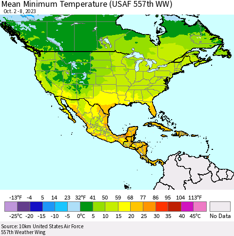 North America Mean Minimum Temperature (USAF 557th WW) Thematic Map For 10/2/2023 - 10/8/2023