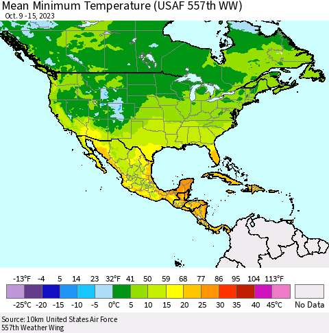 North America Mean Minimum Temperature (USAF 557th WW) Thematic Map For 10/9/2023 - 10/15/2023