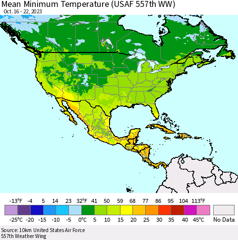 North America Mean Minimum Temperature (USAF 557th WW) Thematic Map For 10/16/2023 - 10/22/2023