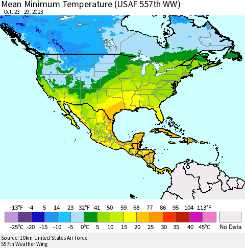 North America Mean Minimum Temperature (USAF 557th WW) Thematic Map For 10/23/2023 - 10/29/2023