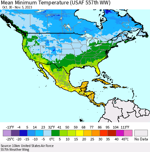 North America Mean Minimum Temperature (USAF 557th WW) Thematic Map For 10/30/2023 - 11/5/2023