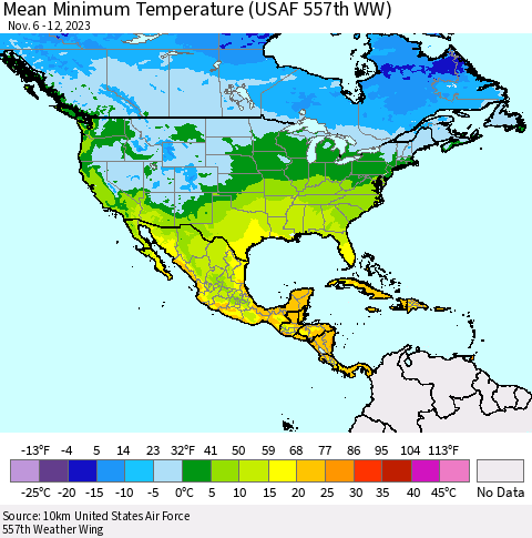 North America Mean Minimum Temperature (USAF 557th WW) Thematic Map For 11/6/2023 - 11/12/2023
