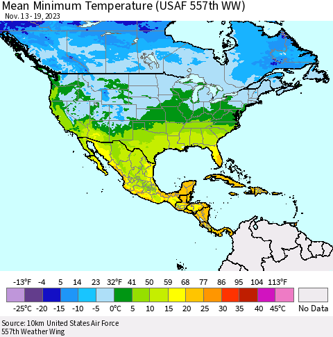 North America Mean Minimum Temperature (USAF 557th WW) Thematic Map For 11/13/2023 - 11/19/2023