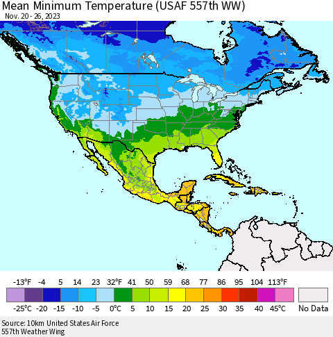 North America Mean Minimum Temperature (USAF 557th WW) Thematic Map For 11/20/2023 - 11/26/2023