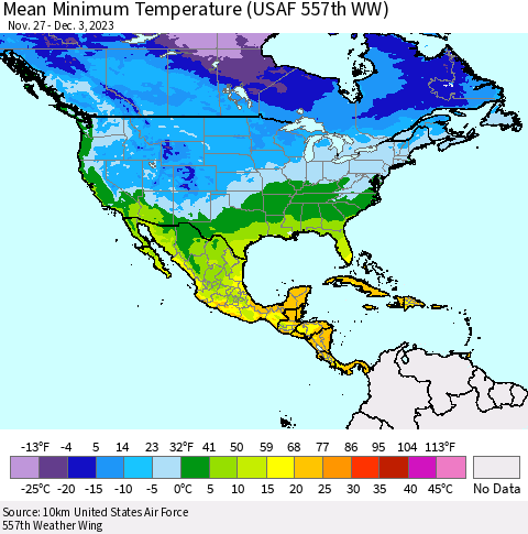 North America Mean Minimum Temperature (USAF 557th WW) Thematic Map For 11/27/2023 - 12/3/2023