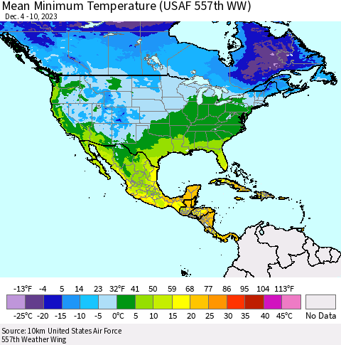 North America Mean Minimum Temperature (USAF 557th WW) Thematic Map For 12/4/2023 - 12/10/2023