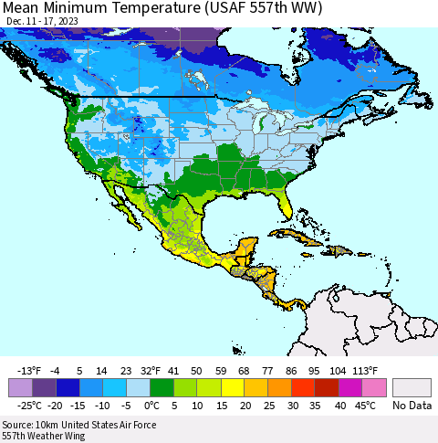 North America Mean Minimum Temperature (USAF 557th WW) Thematic Map For 12/11/2023 - 12/17/2023