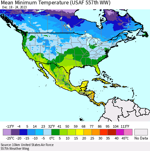 North America Mean Minimum Temperature (USAF 557th WW) Thematic Map For 12/18/2023 - 12/24/2023