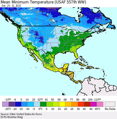 North America Mean Minimum Temperature (USAF 557th WW) Thematic Map For 12/25/2023 - 12/31/2023