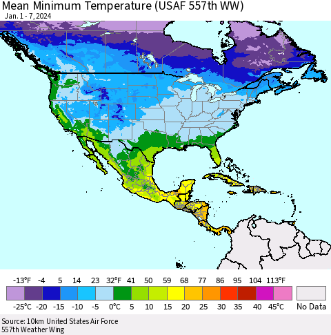 North America Mean Minimum Temperature (USAF 557th WW) Thematic Map For 1/1/2024 - 1/7/2024