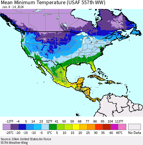 North America Mean Minimum Temperature (USAF 557th WW) Thematic Map For 1/8/2024 - 1/14/2024