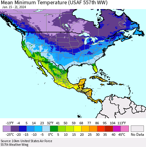 North America Mean Minimum Temperature (USAF 557th WW) Thematic Map For 1/15/2024 - 1/21/2024