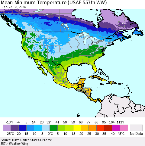 North America Mean Minimum Temperature (USAF 557th WW) Thematic Map For 1/22/2024 - 1/28/2024