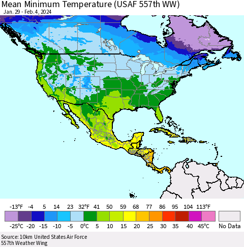 North America Mean Minimum Temperature (USAF 557th WW) Thematic Map For 1/29/2024 - 2/4/2024