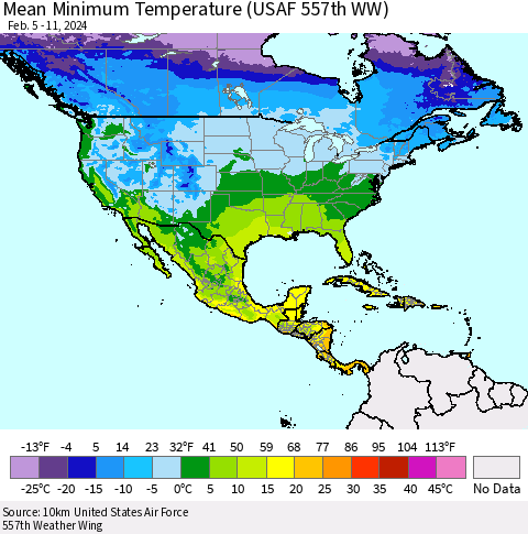 North America Mean Minimum Temperature (USAF 557th WW) Thematic Map For 2/5/2024 - 2/11/2024