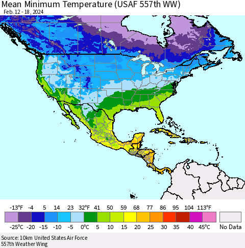 North America Mean Minimum Temperature (USAF 557th WW) Thematic Map For 2/12/2024 - 2/18/2024