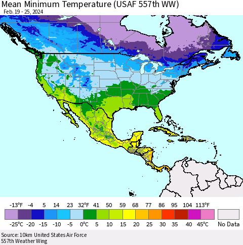 North America Mean Minimum Temperature (USAF 557th WW) Thematic Map For 2/19/2024 - 2/25/2024