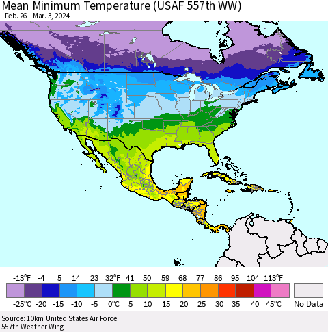 North America Mean Minimum Temperature (USAF 557th WW) Thematic Map For 2/26/2024 - 3/3/2024
