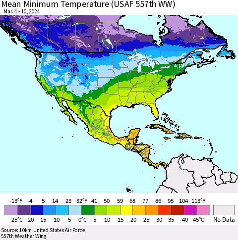 North America Mean Minimum Temperature (USAF 557th WW) Thematic Map For 3/4/2024 - 3/10/2024