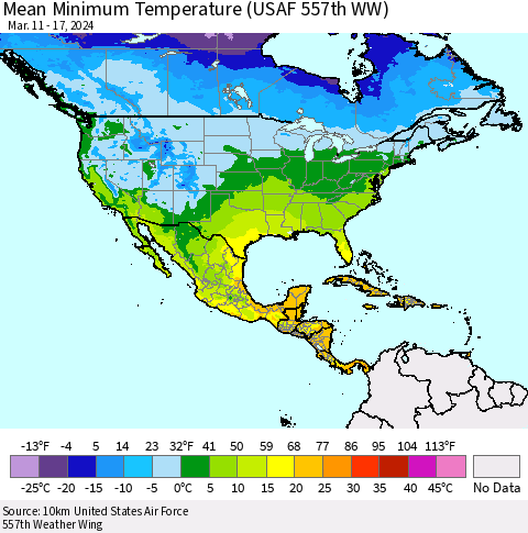 North America Mean Minimum Temperature (USAF 557th WW) Thematic Map For 3/11/2024 - 3/17/2024