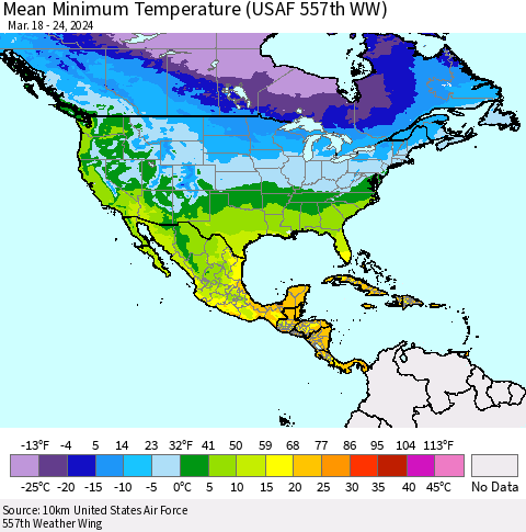 North America Mean Minimum Temperature (USAF 557th WW) Thematic Map For 3/18/2024 - 3/24/2024
