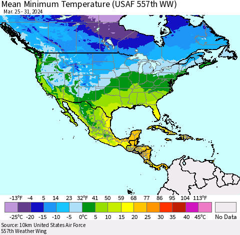 North America Mean Minimum Temperature (USAF 557th WW) Thematic Map For 3/25/2024 - 3/31/2024