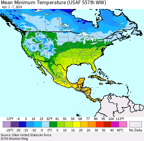 North America Mean Minimum Temperature (USAF 557th WW) Thematic Map For 4/1/2024 - 4/7/2024