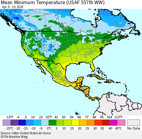 North America Mean Minimum Temperature (USAF 557th WW) Thematic Map For 4/8/2024 - 4/14/2024