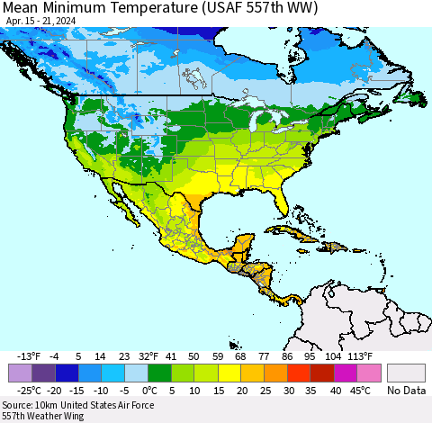 North America Mean Minimum Temperature (USAF 557th WW) Thematic Map For 4/15/2024 - 4/21/2024