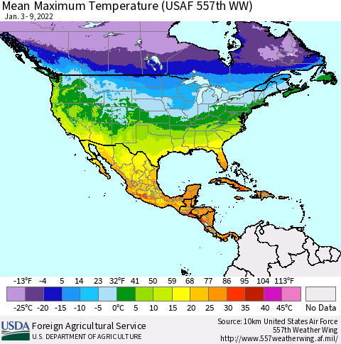 North America Mean Maximum Temperature (USAF 557th WW) Thematic Map For 1/3/2022 - 1/9/2022