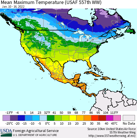 North America Mean Maximum Temperature (USAF 557th WW) Thematic Map For 1/10/2022 - 1/16/2022