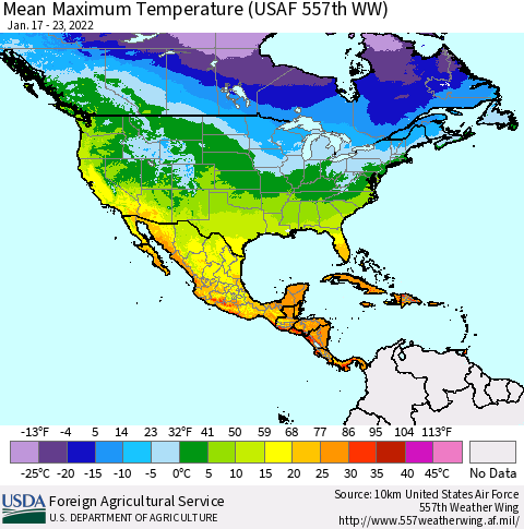 North America Mean Maximum Temperature (USAF 557th WW) Thematic Map For 1/17/2022 - 1/23/2022