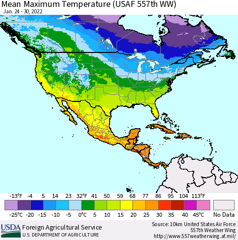 North America Mean Maximum Temperature (USAF 557th WW) Thematic Map For 1/24/2022 - 1/30/2022