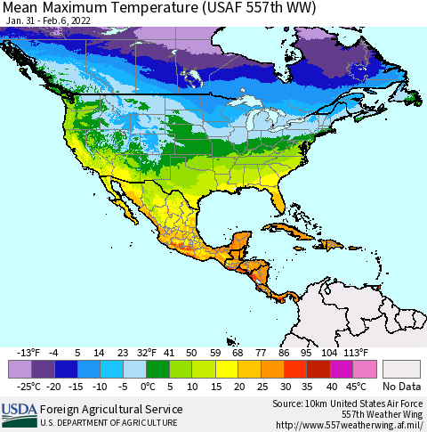North America Mean Maximum Temperature (USAF 557th WW) Thematic Map For 1/31/2022 - 2/6/2022