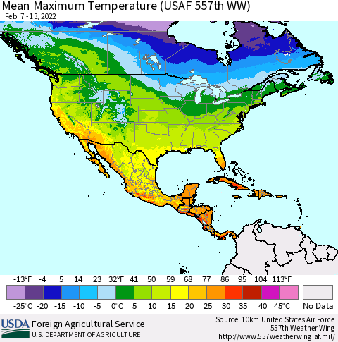 North America Mean Maximum Temperature (USAF 557th WW) Thematic Map For 2/7/2022 - 2/13/2022