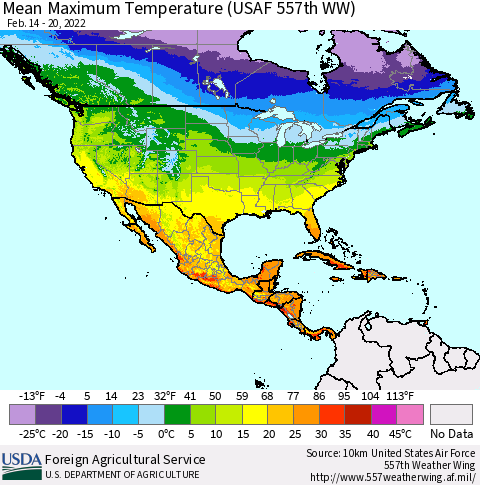 North America Mean Maximum Temperature (USAF 557th WW) Thematic Map For 2/14/2022 - 2/20/2022