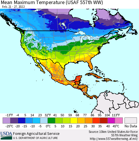 North America Mean Maximum Temperature (USAF 557th WW) Thematic Map For 2/21/2022 - 2/27/2022