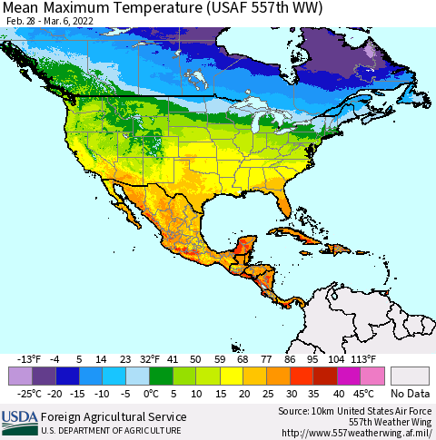 North America Mean Maximum Temperature (USAF 557th WW) Thematic Map For 2/28/2022 - 3/6/2022