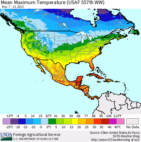 North America Mean Maximum Temperature (USAF 557th WW) Thematic Map For 3/7/2022 - 3/13/2022