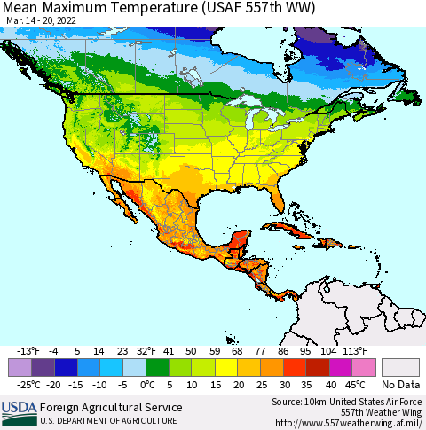 North America Mean Maximum Temperature (USAF 557th WW) Thematic Map For 3/14/2022 - 3/20/2022