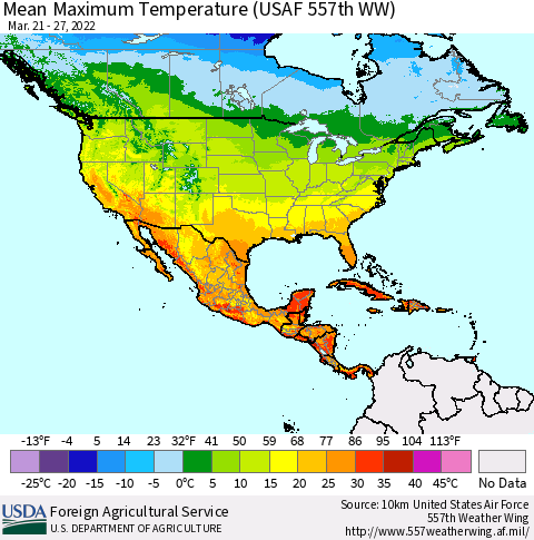 North America Mean Maximum Temperature (USAF 557th WW) Thematic Map For 3/21/2022 - 3/27/2022