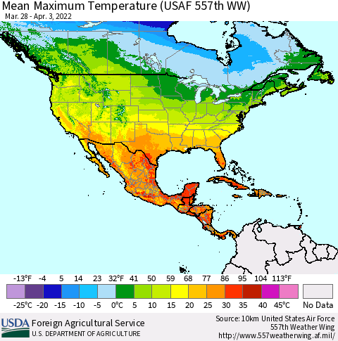 North America Mean Maximum Temperature (USAF 557th WW) Thematic Map For 3/28/2022 - 4/3/2022