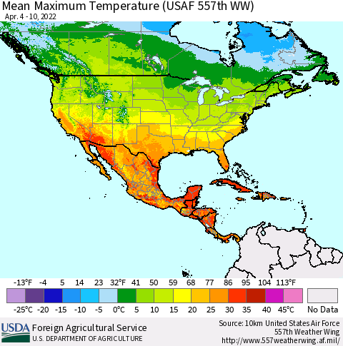 North America Mean Maximum Temperature (USAF 557th WW) Thematic Map For 4/4/2022 - 4/10/2022