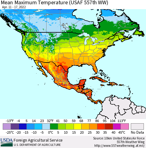 North America Mean Maximum Temperature (USAF 557th WW) Thematic Map For 4/11/2022 - 4/17/2022
