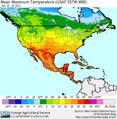 North America Mean Maximum Temperature (USAF 557th WW) Thematic Map For 4/18/2022 - 4/24/2022