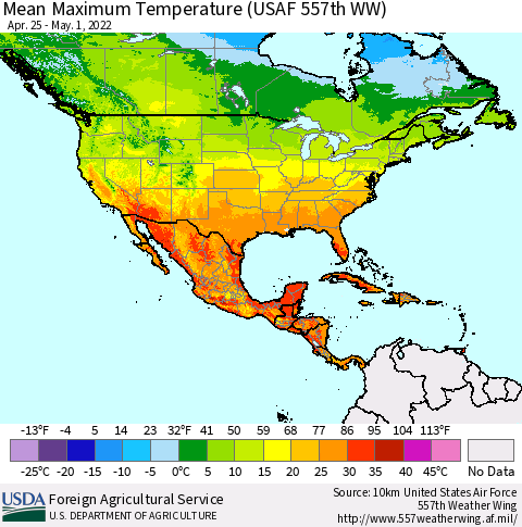 North America Mean Maximum Temperature (USAF 557th WW) Thematic Map For 4/25/2022 - 5/1/2022